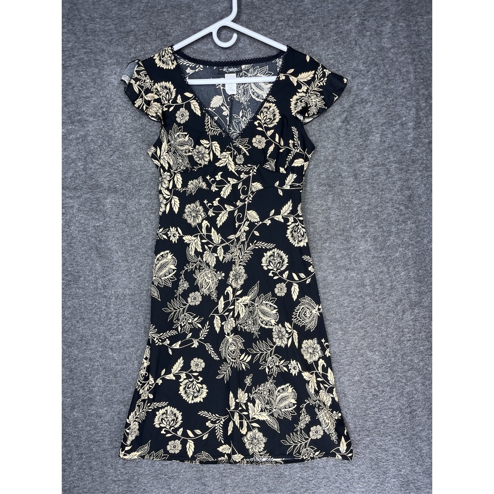 Y2K City Triangles Mini Dress Womens M Boho Babydoll Flutter Sleeve Black Floral